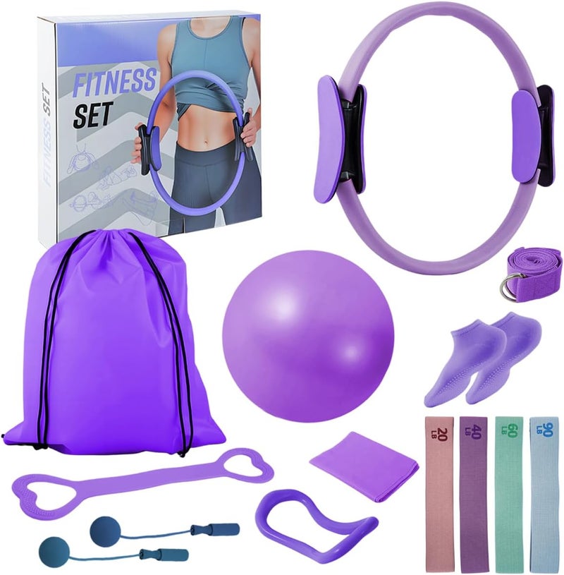CoreHarmony Pilates Equipment Set for Women, 13-in-1 Home Pilates Workout Kit with 12.9" Ring, 9.8" Ball, 4 Fabric Resistance Loop Bands, Figure-8, Stretch Strap, Cordless Jump Rope, Yoga Socks & Carry Bagh - Image 1